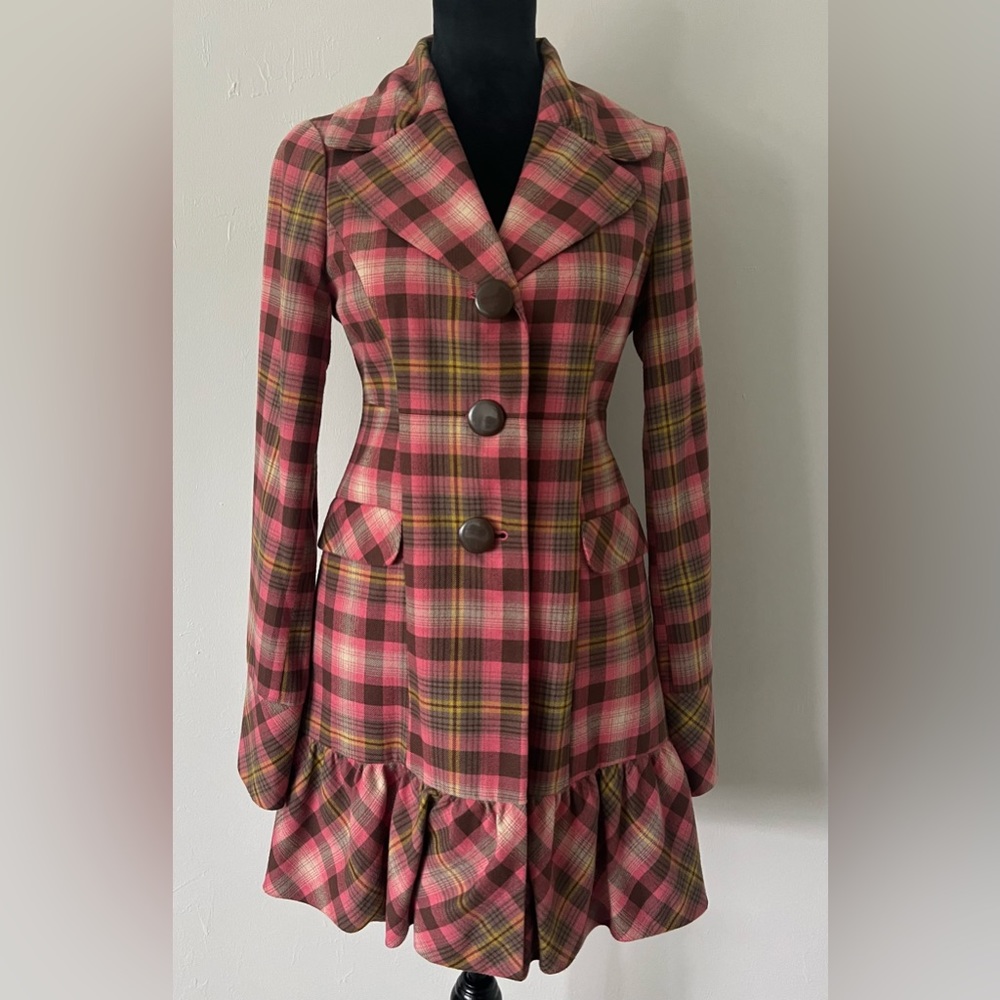 SUSINA Coat, Medium, Plaid-pink, brown, yellow, white.